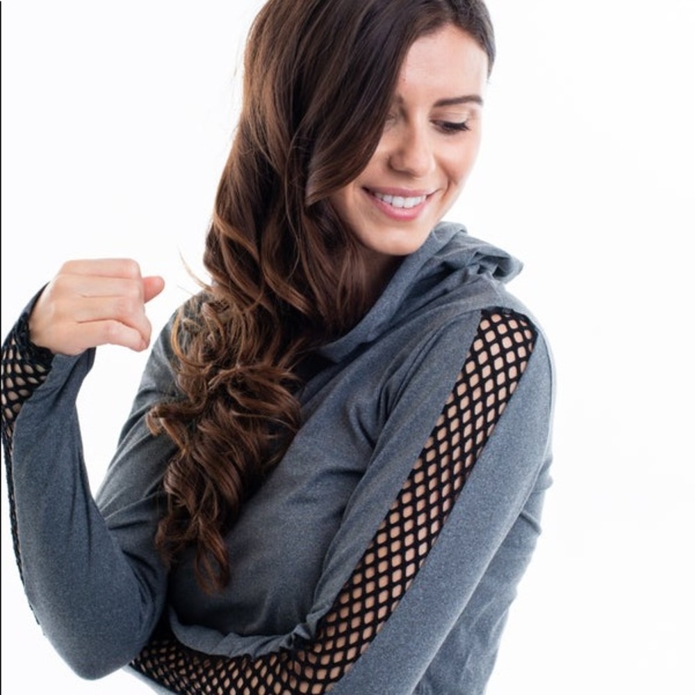 suzette grey cropped mesh sleeve hoodie